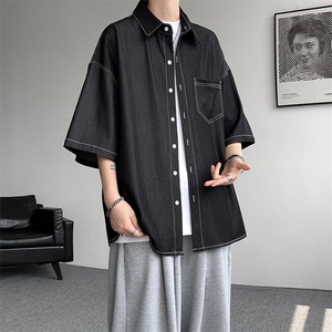 8XL-M冰丝牛仔短袖衬衫男款夏季薄款宽松慵懒衬衣外套DC28006P60