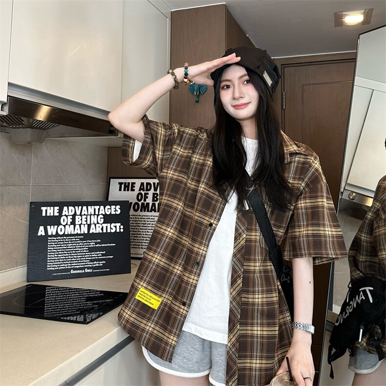 港风大码美式复古贴袋格子翻领短袖衬衫男女XZ213-CS8806-P45控58,男装T恤,星座213