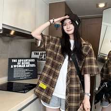 港风大码美式复古贴袋格子翻领短袖衬衫男女XZ213-CS8806-P45控58，男装T恤，星座213