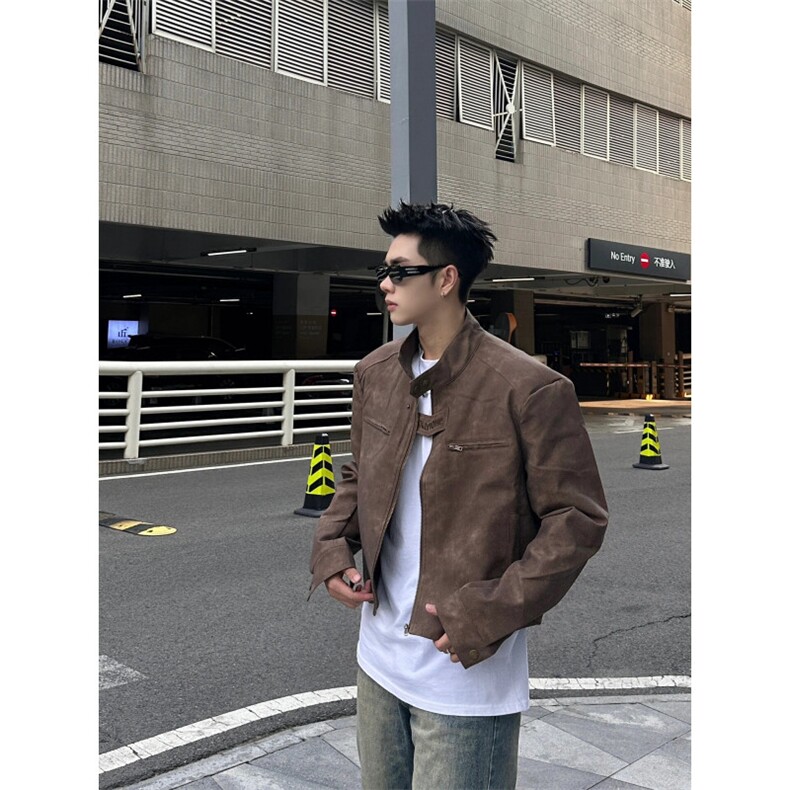 cleanfit棕色短款皮衣外套男美拉德穿搭垫肩机车服夹克G141-P85图片