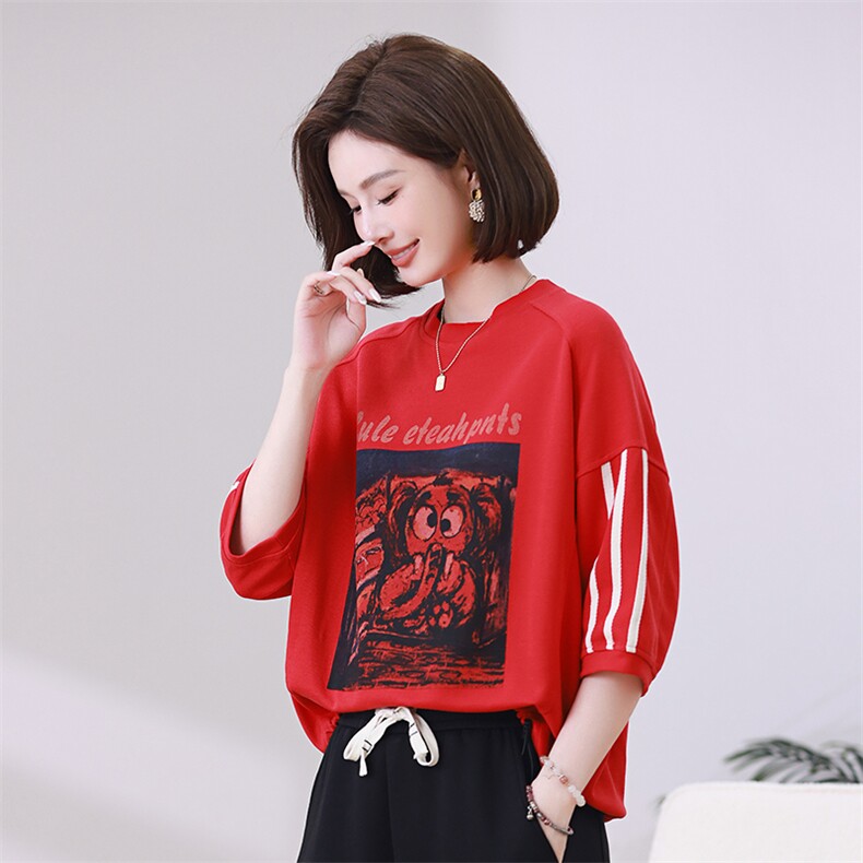 时尚宽松显瘦红色印花短袖T恤女夏季新款韩版百搭休闲上衣潮,女装衬衫,叶笙衣