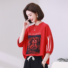 时尚宽松显瘦红色印花短袖T恤女夏季新款韩版百搭休闲上衣潮，女装衬衫，叶笙衣