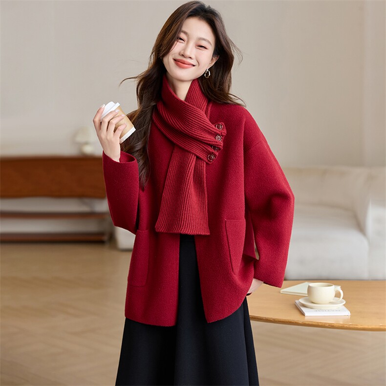 小谷粒100羊毛短毛呢外套女围巾领高级感2024秋冬新款小个子大衣，女装针织衫/毛衣，然然