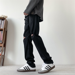 现货纯黑色破洞弹力加大码直筒牛仔裤 310A-2 BK302 P50 控78图片
