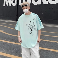 抖音得物品质二开240克宽松纯棉美式潮牌印花三条杠中性风短袖T恤，男装T恤，电商A486