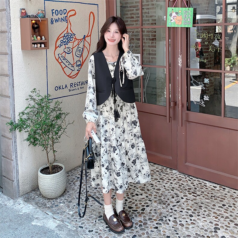 法式轻熟风碎花连衣裙套装女春秋2025新款高级感马甲长裙两件套潮,女装套装/套裙,2C056