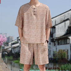 2025夏季新款男装风冰丝竹叶印花盘扣套装短袖+短裤A102-P80，男装休闲套装，电商B277(原6028)