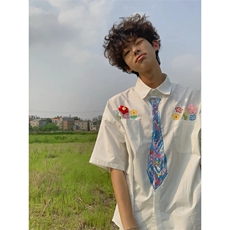 蜡笔涂鸦领带短袖衬衫男学院风花卉刺绣衬衣设计感小众情侣装外套，男装T恤，星座1007（原301D）