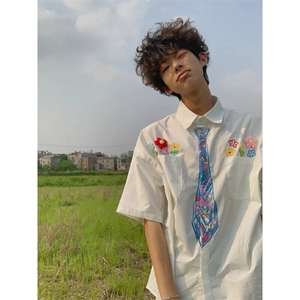 蜡笔涂鸦领带短袖衬衫男学院风花卉刺绣衬衣设计感小众情侣装外套图片