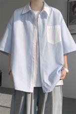 仓库现货CS1120-特批25条纹撞色拼接百搭痞帅大码短袖衬衫，男装衬衫，电商A059