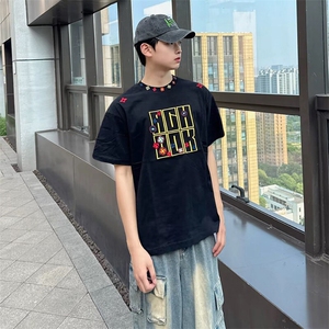 万针全刺绣工艺抖音得物高品质260克重磅纯棉双纱美式高街短袖T恤图片