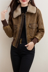 复古磨砂加绒皮衣女2023冬装新款小个子短款潮流机车服皮夹克外套，女装皮衣，江南女神