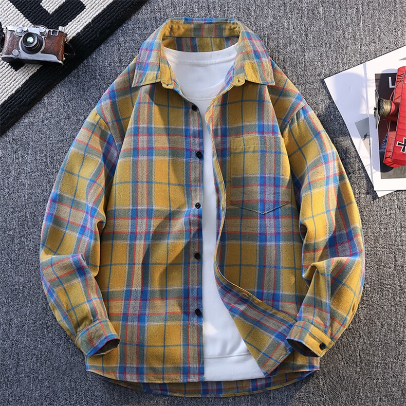 韩版潮流复古格子大码翻领长袖衬衫内搭外套C2208-P28【特价】，男装衬衫，电商A007