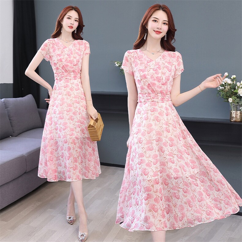 2025年夏季时尚印花V领显瘦连衣裙，女装连衣裙，臻衣坊