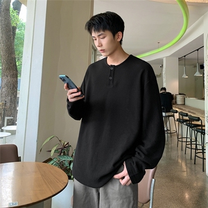 已下单 24085-P55 慵懒风宽松休闲长袖t恤男士大码打底衫内搭图片