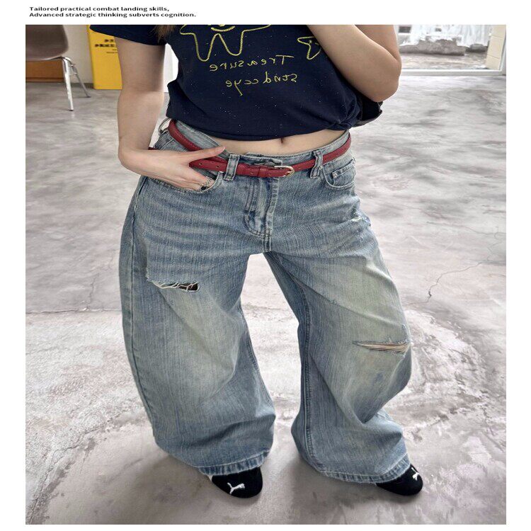 美式复古宽松破洞竹节棉弯刀牛仔裤女街头cleanfit阔腿长裤潮，女装牛仔裤，星座218-8