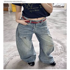 美式复古宽松破洞竹节棉弯刀牛仔裤女街头cleanfit阔腿长裤潮，女装牛仔裤，星座218-8