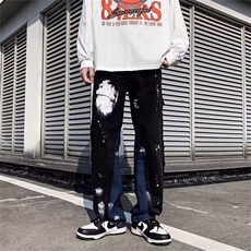 vibe潮高街裤子美式街头做旧刷漆泼墨微喇牛仔裤男hiphop炸街裤，男装牛仔裤，四季星座218-1