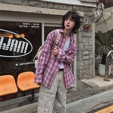 美式格纹长袖衬衫男女夏季宽松多巴胺情侣衬衣休闲防晒外套931P50，男装防晒衣，星座710