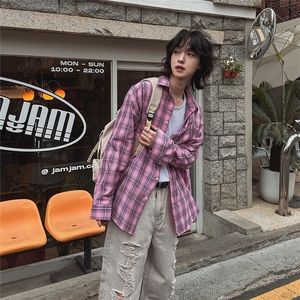 美式格纹长袖衬衫男女夏季宽松多巴胺情侣衬衣休闲防晒外套931P50图片
