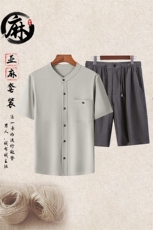 高端男士中老年风亚麻短袖衬衫短裤套装中年棉麻休闲T恤，男装牛仔裤，钱塘723