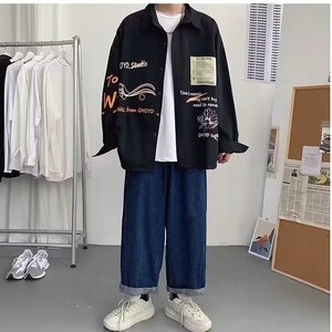 美式复古涂鸦设计感长袖衬衫男生秋季潮流休闲宽松青少年痞帅外套图片