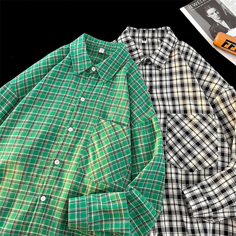 衬衫男2025春季新款港风宽松磨毛大码格子长袖衬衣CS510-P38(现货，男装衬衫，星座214-3