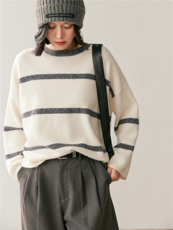 秋季新款撞色条纹圆领时尚百搭休闲风，女装针织衫/毛衣，鸥蕊娅羊绒