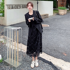 现货2D078-T1840-P175K238压花工艺长袖连衣裙+西装马甲，女装套装/套裙，2D078