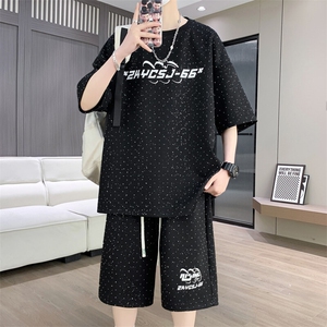 港风套装男宽松菠萝格满天星圆领短袖T恤短裤痞帅套装TZ6628-P50图片