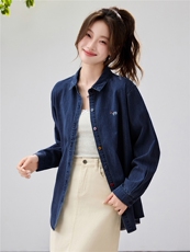 韩系松弛感牛仔衬衫女2026春款刺绣彩扣叠穿百搭长袖上衣宽松显瘦，女装衬衫，艾米