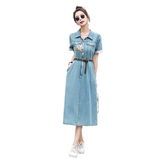 夏季新款韩版小个子胖mm大码中长款短袖宽松牛仔连衣裙子女士薄款，女装连衣裙，E百度