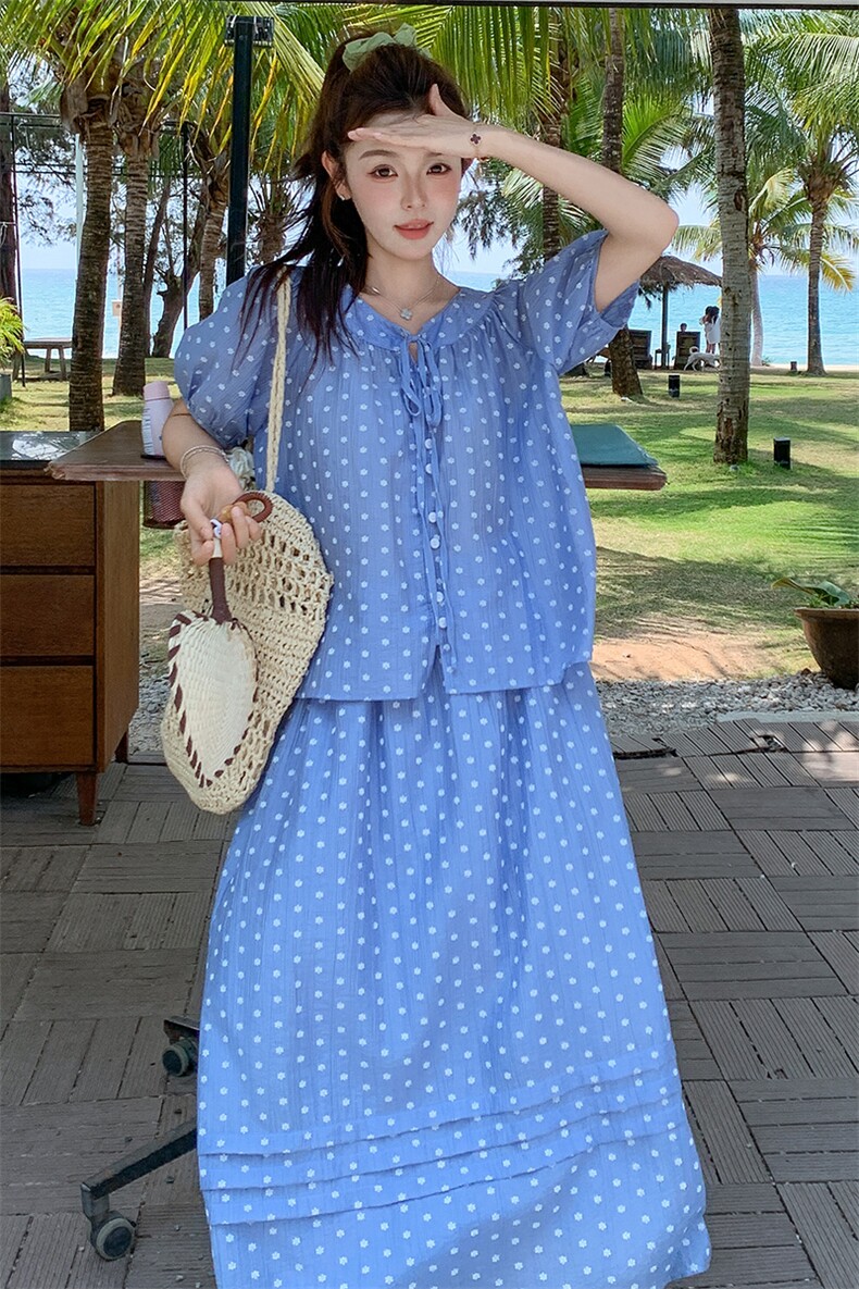 盐甜系度假风波点套装裙女2025夏新款短袖衬衫半身裙小个子两件套,女装套装/套裙,浙宝305