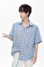 水果贴纸印花格纹短袖衬衫男xh120-特p35，男装T恤，电商B367