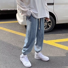 日系ins古着水洗牛仔裤男潮牌宽松大码夏季薄款阔腿休闲束脚长裤，男装牛仔裤，星座601-2