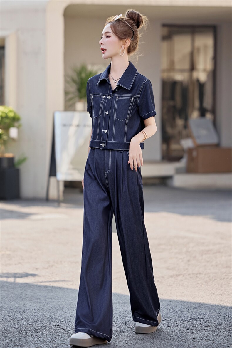 （新款现货）2026夏时尚薄款天丝牛仔短袖阔腿裤套装女（两件套）,女装牛仔外套,印象茜
