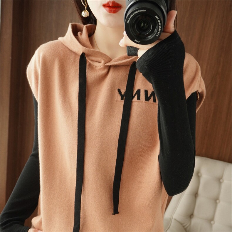 连帽针织马甲背心毛衣女2025秋季新款设计感时尚宽松坎肩毛衣外套，女装针织衫/毛衣，暖姿羊绒