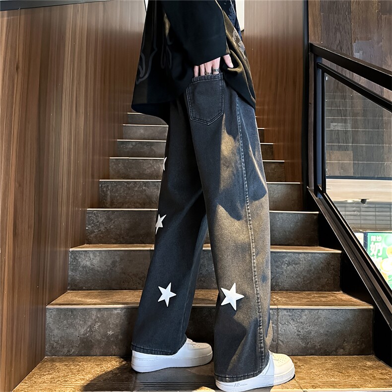 k1064-p55-控78M-5XL立体印花港风高阶宽松牛仔裤微喇,男装牛仔裤,星座116