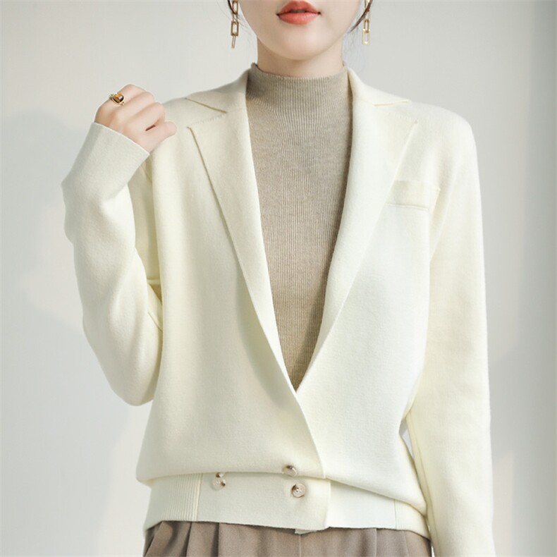 气质时髦西装领针织开衫女复古温暖小众毛衣外套灰色秋冬新款上衣，女装针织衫/毛衣，特麦惠羊绒