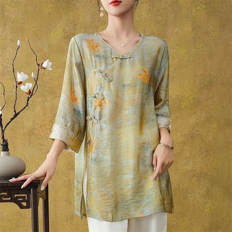 新中式国风提花盘扣中袖衬衣女2025夏季新款宽松显瘦百搭减龄上衣，女装衬衫，朝贺羊绒