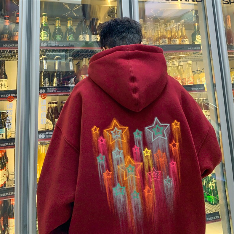 酒红色流星重磅痞帅硬挺秋季连帽卫衣男oversize潮牌美式高街国潮，男装卫衣，电商B371