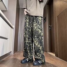 美式潮流豹纹休闲裤男阔腿设计感潮流直筒拖地裤，男装休闲裤，星座716-2