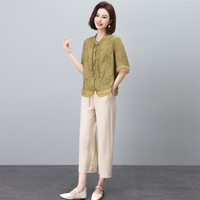 文艺优雅2024夏季新款女装套装宽松显瘦棉麻两件套阔腿裤舒适百搭,女装套装/套裙,凝聚力