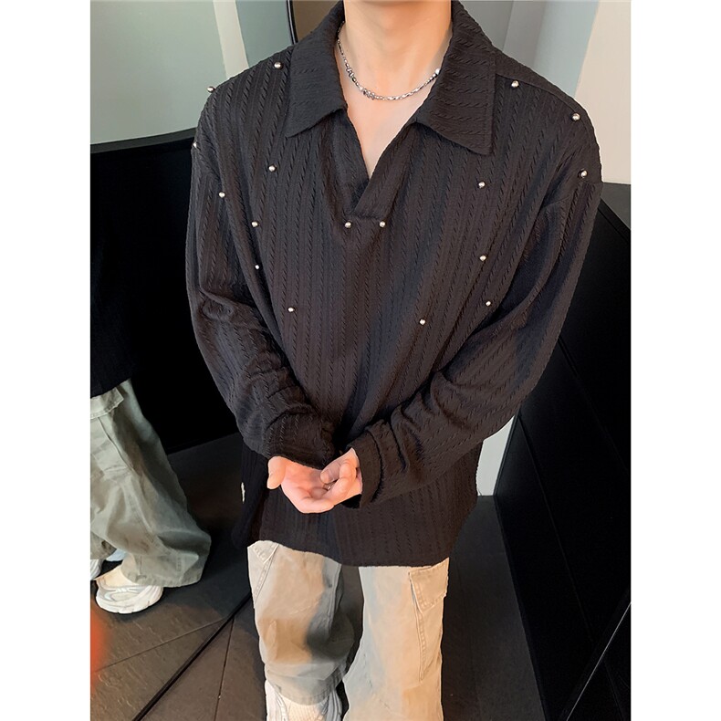 老钱风polo领长袖T恤男秋季麦穗纹打底衫美式重磅宽松上衣，男装Polo衫，电商C307