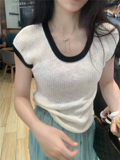 2025年夏季时尚潮流U领抽条拼色落肩袖短袖，女装T恤，圣旺供货