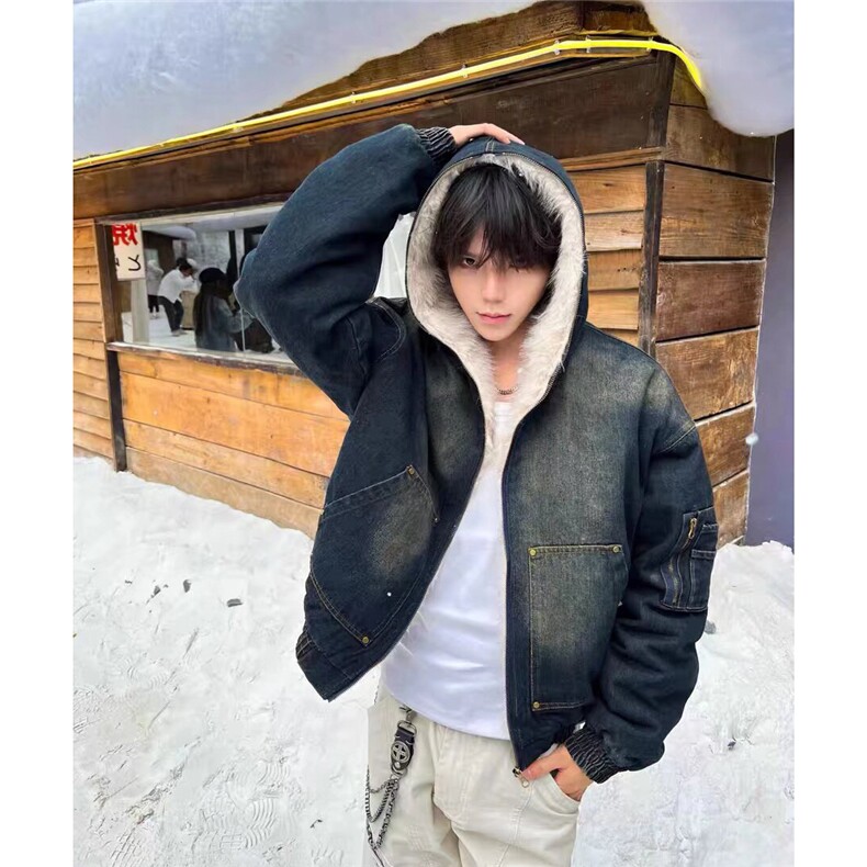 美式连帽牛仔棉服男女水洗重磅座山雕毛领复古加绒加厚夹克外套潮,男装夹克,四季星座505