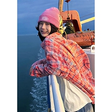 粉色扎染格子衬衫女款秋季海边出片穿搭长袖衬衣美式复古情侣外套，男装衬衫，星座603-2