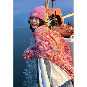 粉色扎染格子衬衫女款秋季海边出片穿搭长袖衬衣美式复古情侣外套图片