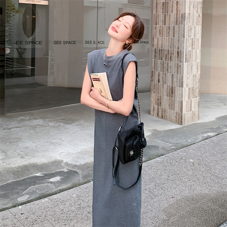 慵懒风灰色后背镂空连衣裙女2025夏季新款轻熟气质显瘦修身背心裙,女装连衣裙,浙宝220A