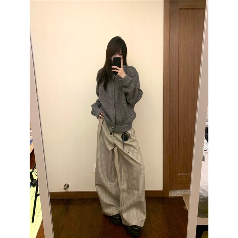 美式复古老钱棕千鸟格褶皱排扣A字阔腿西裤cleanfit通勤百搭长裤,男装西裤,星座506A